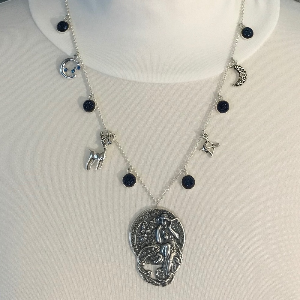 Artemis Diana Greek Roman Goddess of Moon & Hunt Handmade Necklace,  Blue Druzy